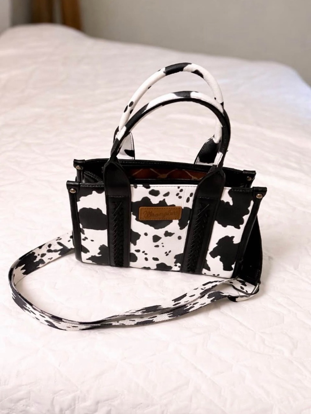 Black & White Cow Print Mini Tote Bag with Detachable Strap